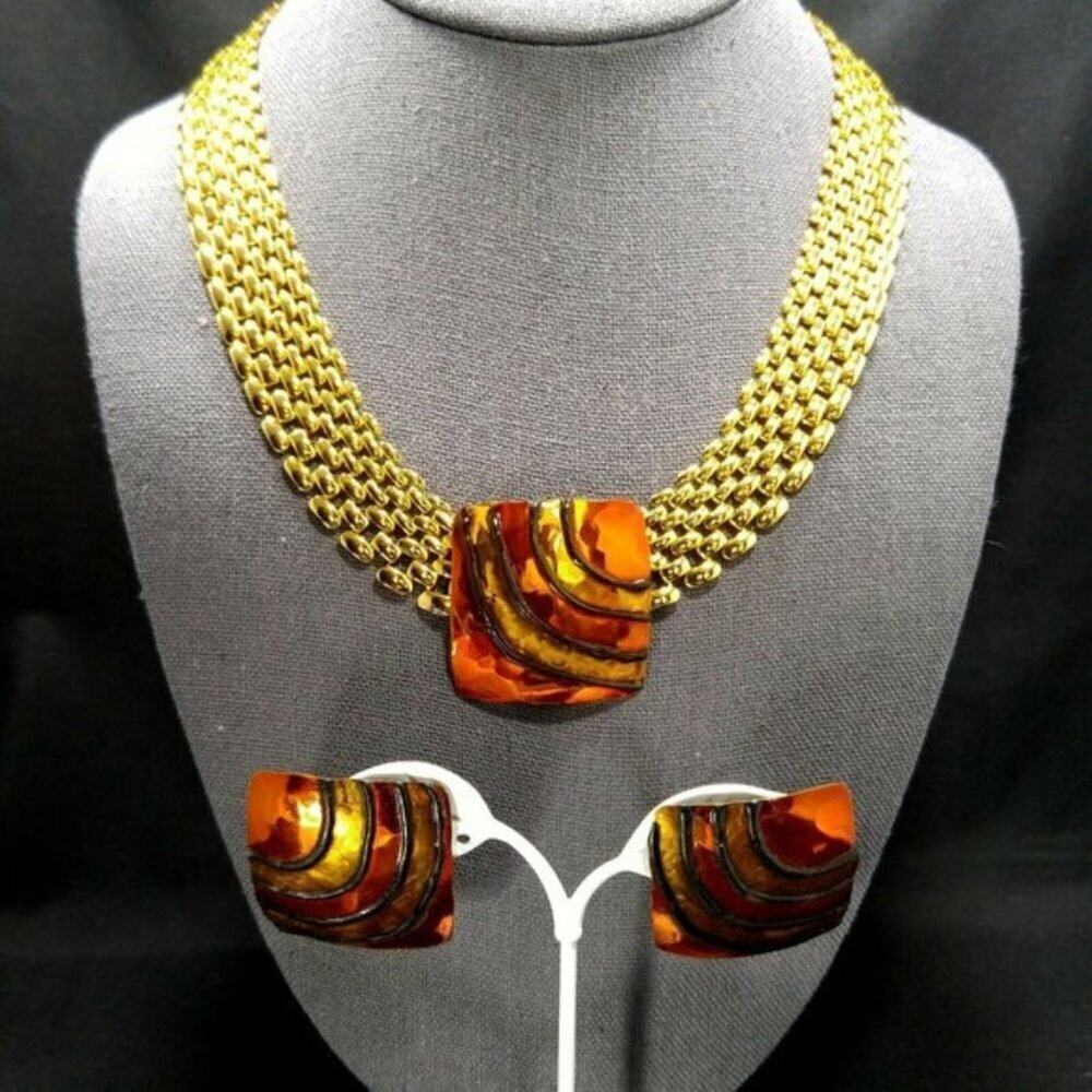 Vintage 1980s Gold Chain Necklace Enamel Pendant Earrings Set